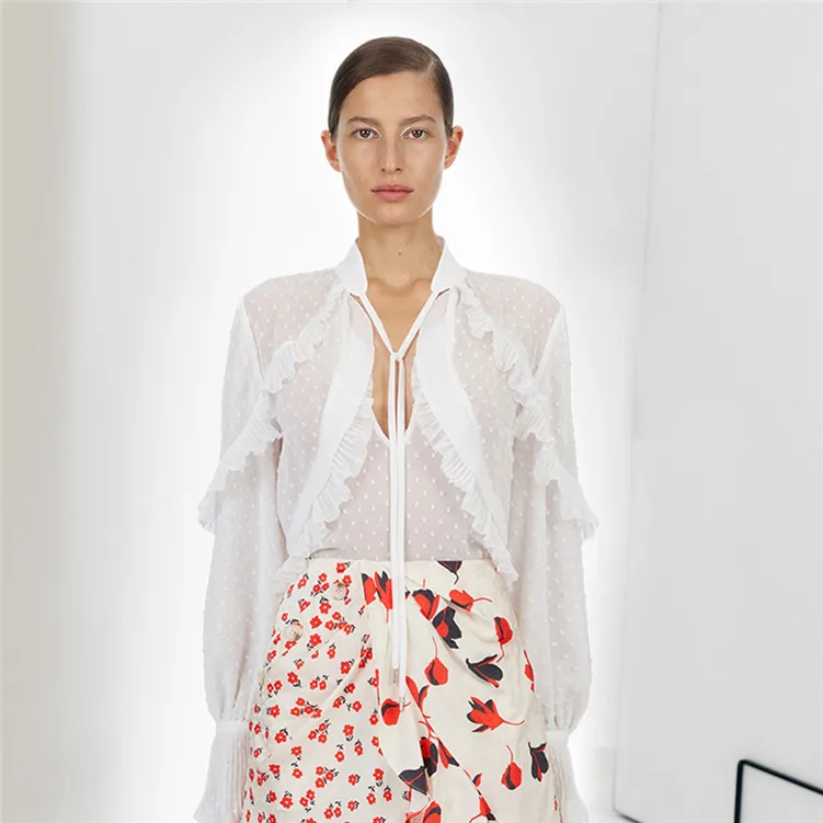 2019 Fashion Spring White Ruffle Dot Long Sleeve V neck