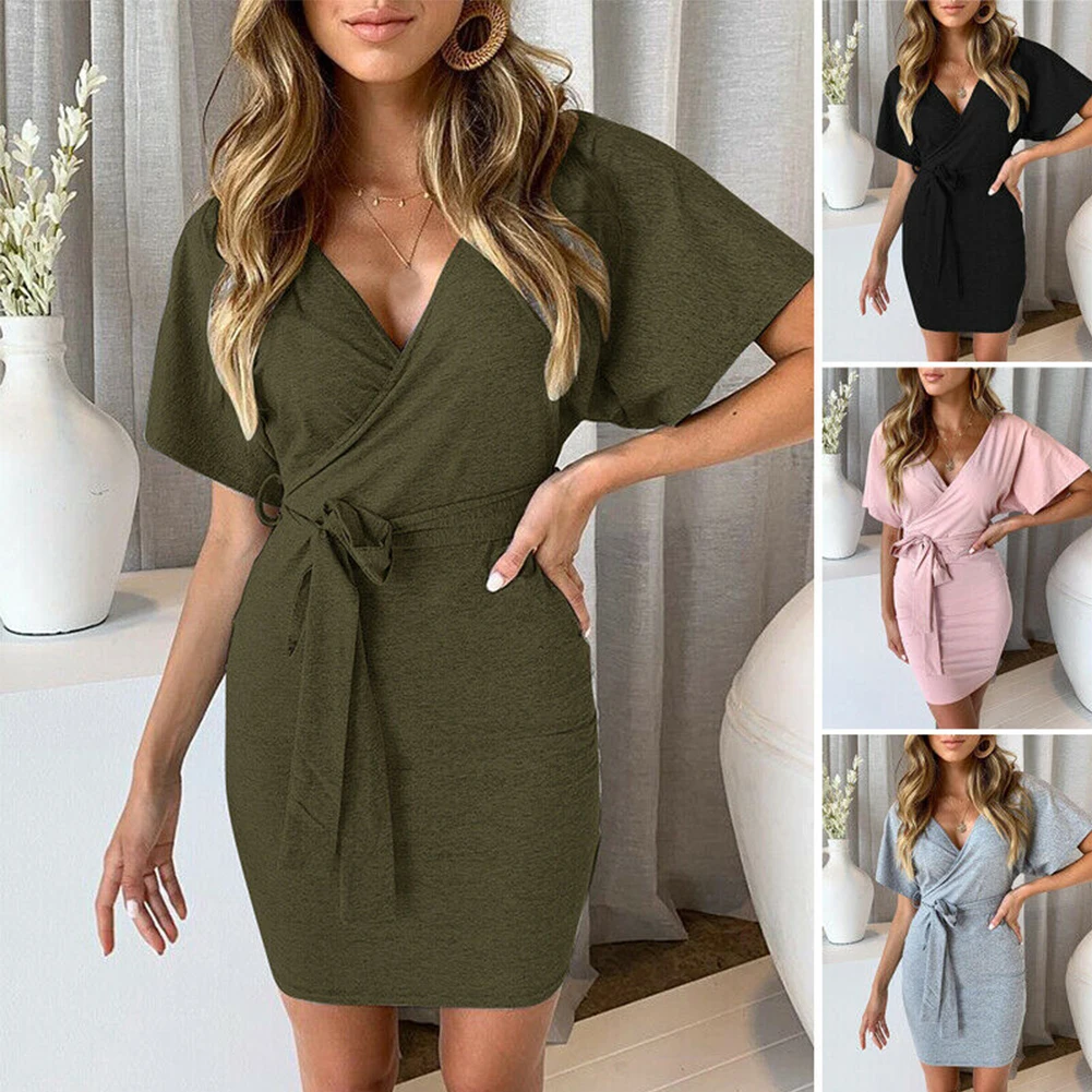 Полиэстер V образным вырезом Твердые Мини Bodycon для женщин Повседневное карандаш