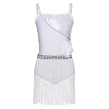 

MSemis Girls Sequin Sleeveless Latin Dance Dress Kids White Dress Ballroom Rumba Salsa Tango Tassel Fringe Dress Dance Costumes