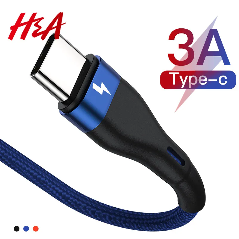 H & A 3A USB نوع C كابل لسامسونج غالاكسي S10 S9 S8 زائد شياو mi mi 9 سريع شحن USB-C شاحن الهاتف المحمول USBC نوع-C كابل