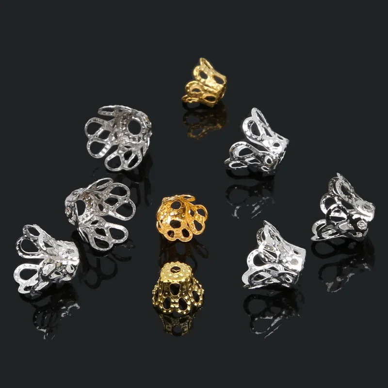 

100pcs/lot DIY Sliver/Gold/Rhodium Plated Hollow Flower Metal Charms Bead Caps For Jewelry Making 6x8mm End Caps Wholesale