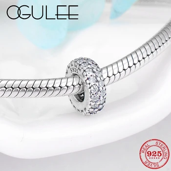 

100% Real 925 Sterling Silver sparking clear zircon fine spacer beads for jewelry making Fit Original European Charm Bracelet