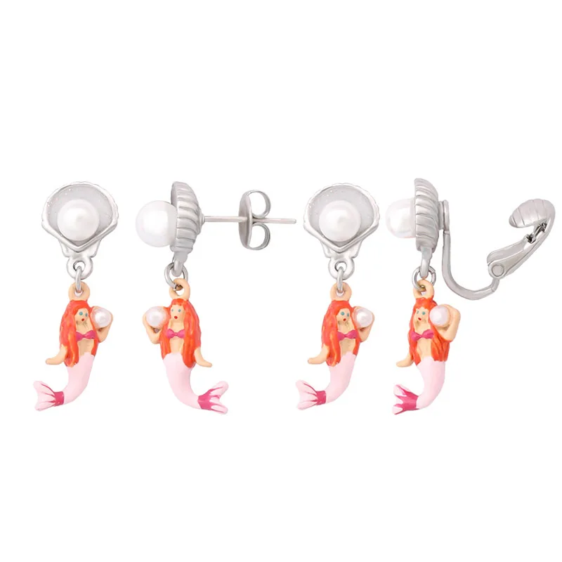 

Enamel Glaze Lovely Mermaid Shell With Pearls Stud Earrings Pendant Earring For Women Jewelry Accessories