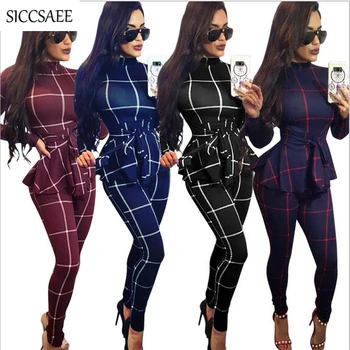 

2018 Plaid Print Rompers Womens Jumpsuit With Sashes Checkered Overalls Turtleneck Peplum Elegant Macacao Feminino Bodysuit