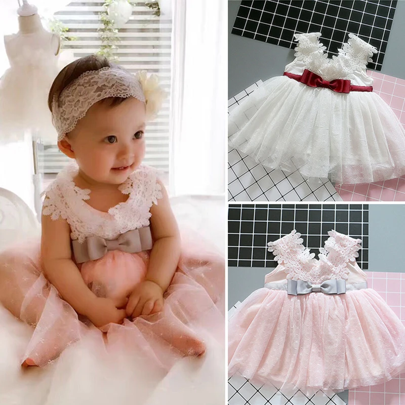 

0-2 Years Big Bow Baby Girl Clothes Summer Girls Lace Flower Ball Gown One Year Birthday Girl Dress Bebes Fille Robe De Bapteme