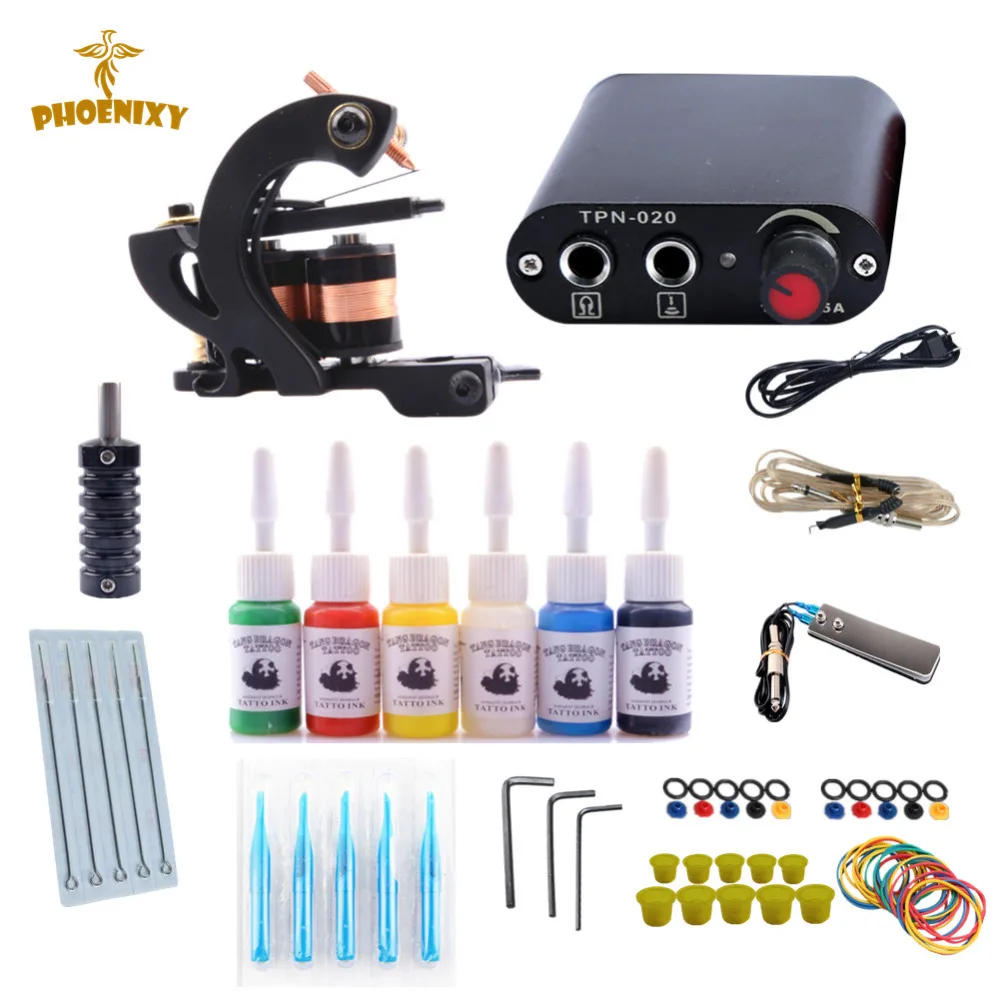 

Beginner Tattoo Kit One Tattoo Machine Set Tattoo Supplies Permanent 6Color Pigment Power Supply Needles Tattoo Accessories Set