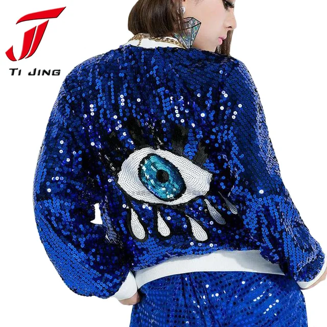 Back Big Eyes Women Gold Sequin Jacket Silver Glitter jacket Coat thin