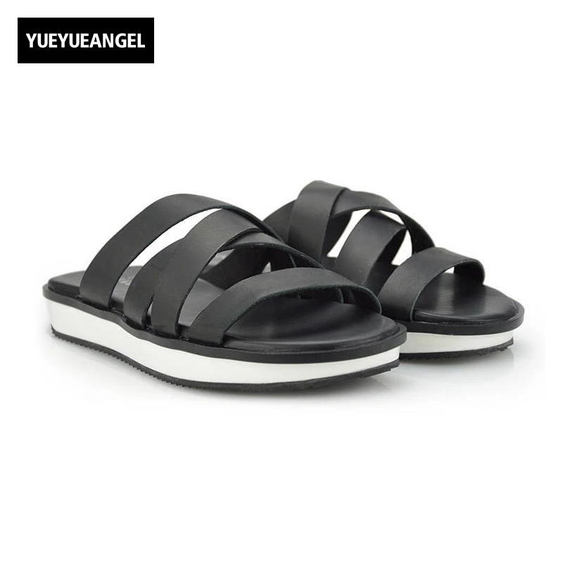 

2019 High Quality Brand New Fashion Mens Sandals Slip On Genuine Leather Cow Casual Shoes Male Plus Size Indoor Flat Slipper