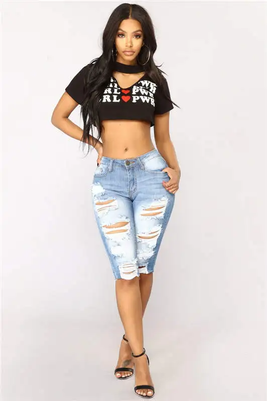 1 High Waisted Light Blue Hole Shorts Women Five Points Jeans Shorts Female Fashion Hiphop Streetwear Leg Hole Denim Shorts N - Цвет: 1