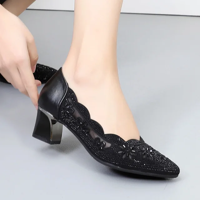 GKTINOO 2022 Summer Fashion Hollow Out Genuine Leather Pumps Women Shoes Med Heels Square Heel Mesh Ladies Office Shoes Crystal 6