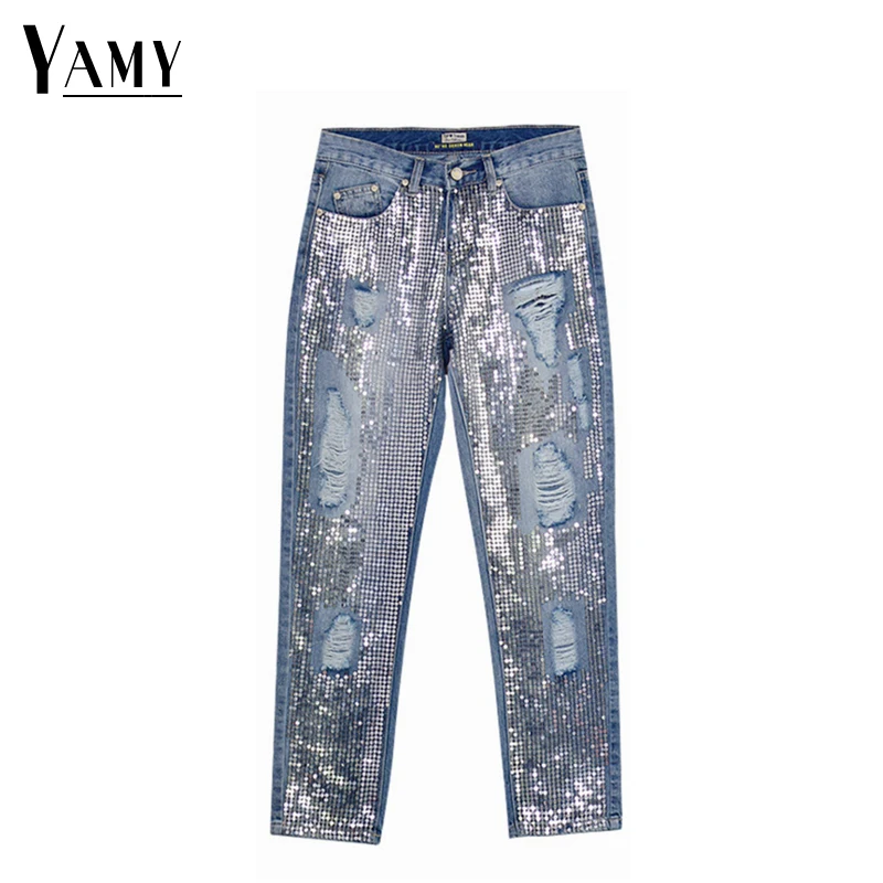 Sequin jeans woman sexy plus size vintage mid waist hole mom boyfriend ripped jeans for women's jeans distressed denim pants