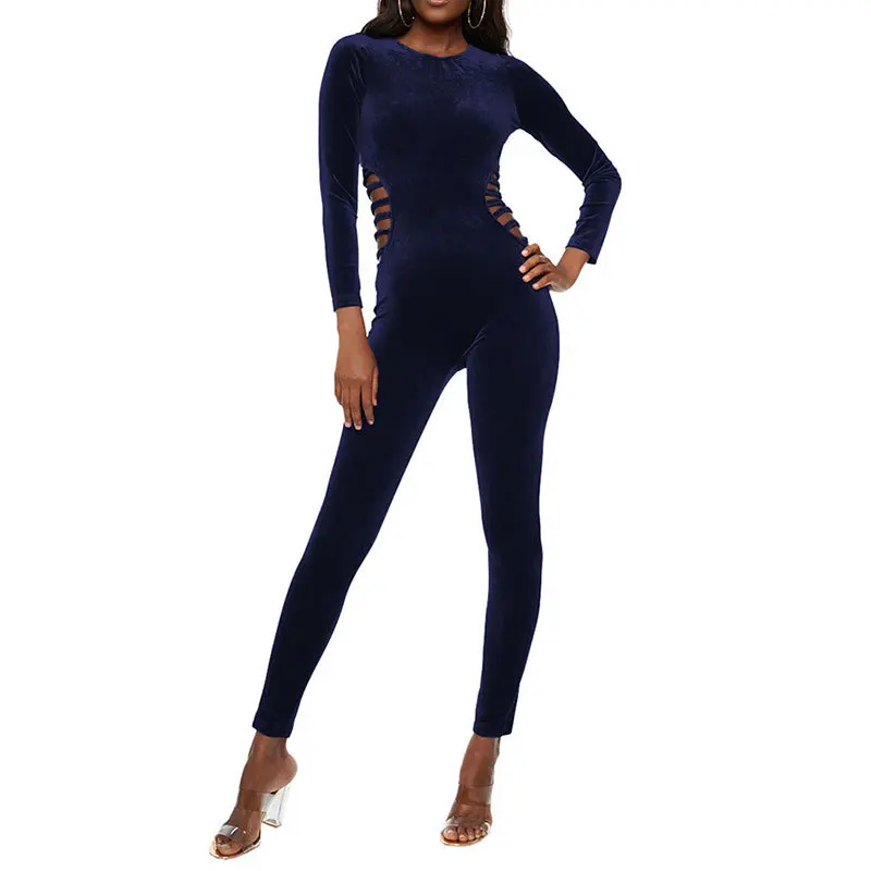 Velvet Women Jumpsuit Elegant Winter Party Cut Hollow Out Playsuits Crew Neck Long Sleeve Bodycon Overalls Feminino Body - Цвет: blue