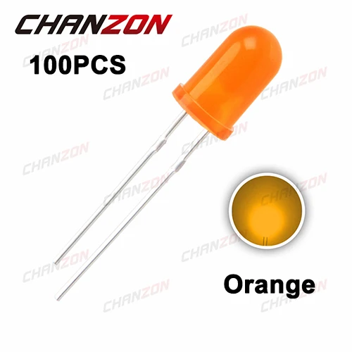 100pcs Orange Рассеянный светодиодный светильник 5 мм, Диодная лампа, набор в ассортименте, белый, красный, зеленый, синий, желтый, оранжевый светильник, 20 мА, 2 В, 3 в - Цвет: 100pcs Orange