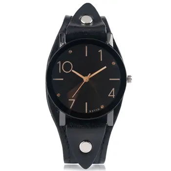 

KEVIN Women Men Punk Leather Band Fashion Big Arabic Numbers Simple Special Design Round Dial Rock Wristwatch Trendy Black