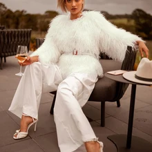 Новые Модные Элегантные Белые Шерстяные дизайнерские вечерние куртки с длинными рукавами и круглым вырезом оптом