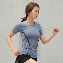 Сплошной цвет круглый воротник спортивный короткий рукав в полоску тонкий корпус Быстросохнущий Фитнес с коротким рукавом для женщин