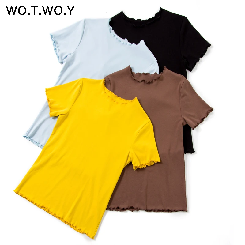 WOTWOY Ruffles Summer T Shirt Women Cotton Casual Solid T-Shirt Women Korean Tops Tee Shirt Femme Slim Black Tshirt Harajuku New