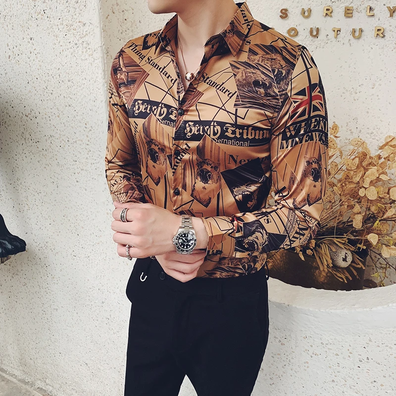 Золотая рубашка с газетным принтом Мужская рубашка с длинными рукавами Camisa Masculina мужская одежда Осенняя Рубашка домашняя рубашка с цветочным принтом Мужская рубашка