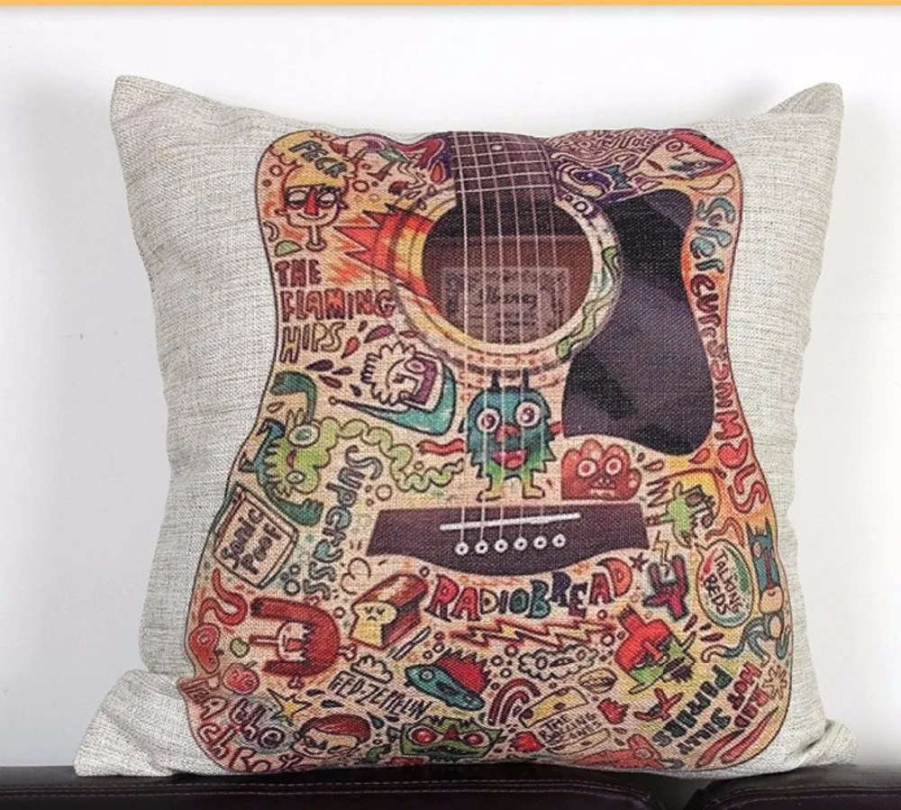 Vintage Funky Guitar Linen Cushion Cover Music Decoraive Throw Pillow