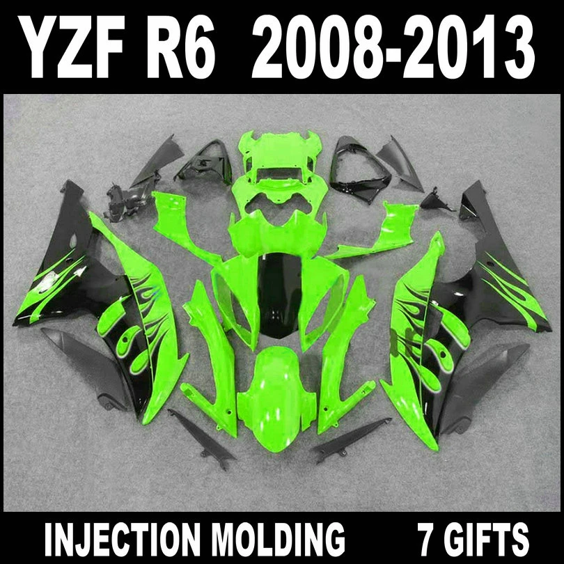 

Plastic motorcycle parts for 08 09 10 11 12 13 YZF R6 green with black flames fairings 2008 2009 - 2013 YAMAHA R6 fairing set