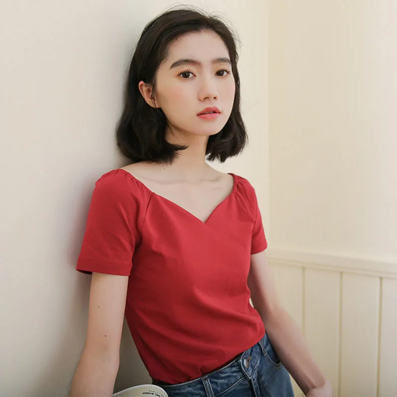

2019 New Korean Soft Sister Cute V-Neck Short Sleeve T Shirts Women Summer Casual All-match Basic Tees Sweet Woman Cropped Tops