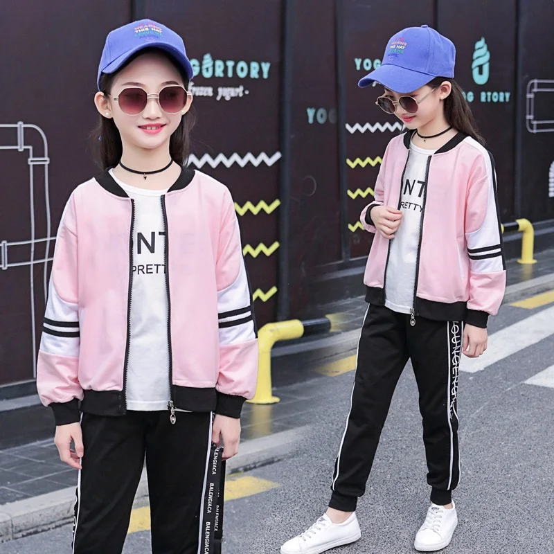 

Teenage Girls Clothing Sets 2019 Spring Autumn Cotton T-shirt Coat Pants Kids Tracksuit Child Clothing Set Clothes 8 10 12 Years