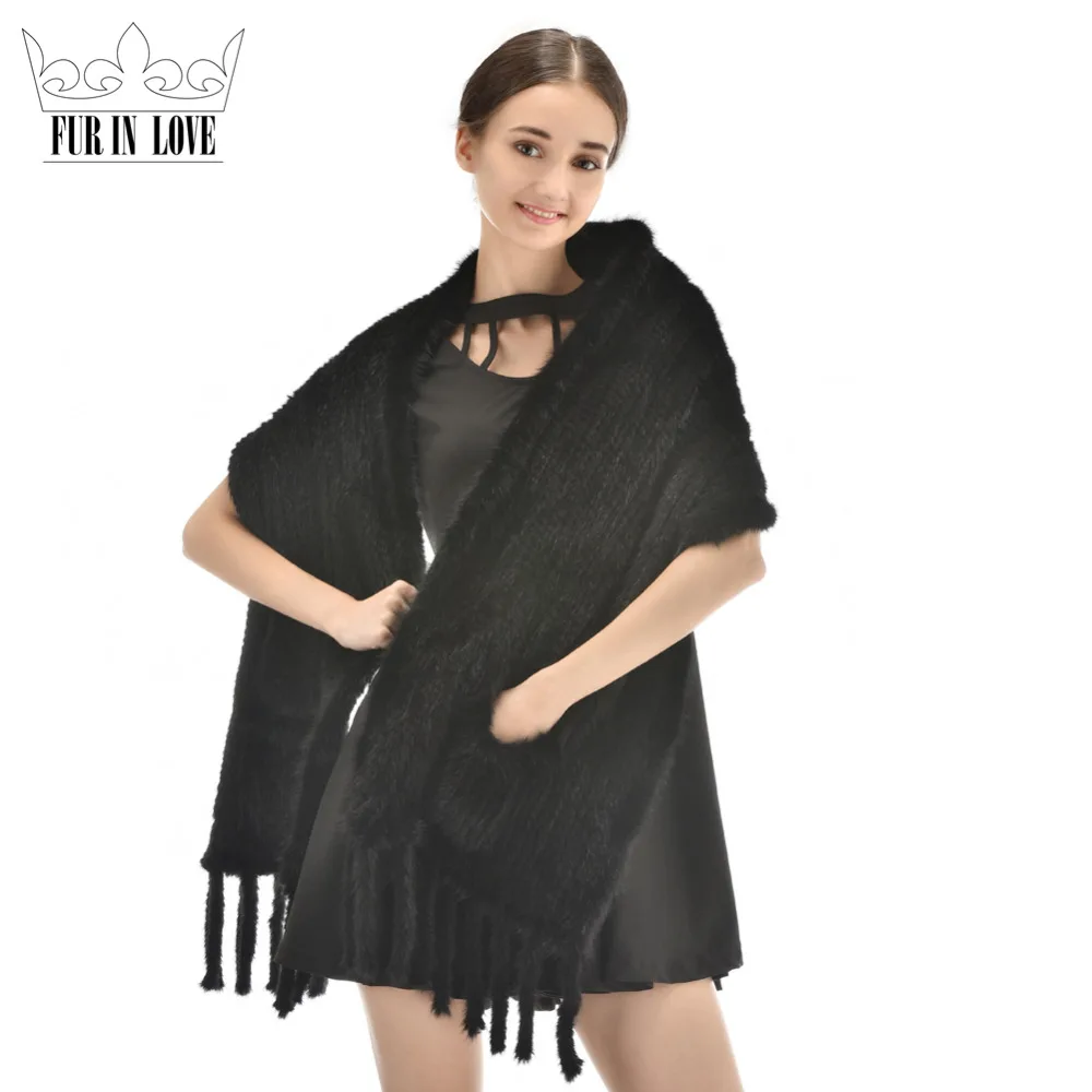 2017 New Real Knit Mink Fur Scarf With Tassel Winter Fashion Long Style