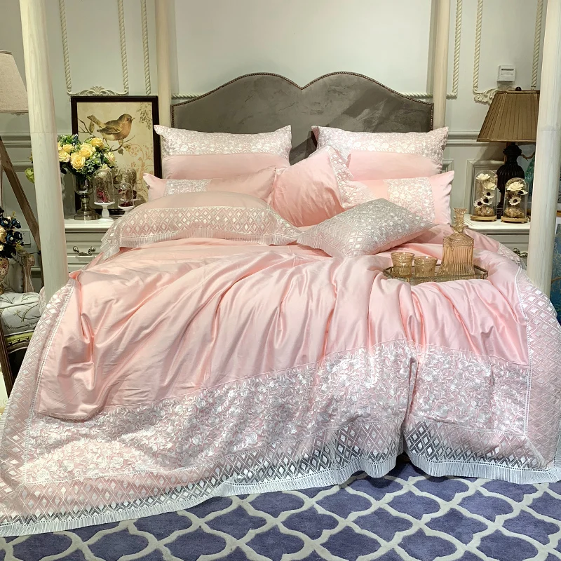 

New Pink Gray Luxury 100S Egyptian Cotton Princess Girl Bedding Set White Lace Duvet Cover Bed Linen Bed sheet Pillowcases 4pcs