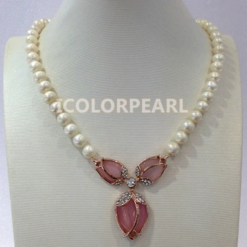 

WEICOLOR Lovely 9-10mm Nearround White Freshwater Pearl And Pink Rose And Crystal Jewelry Necklace With a Magnet Clasp.
