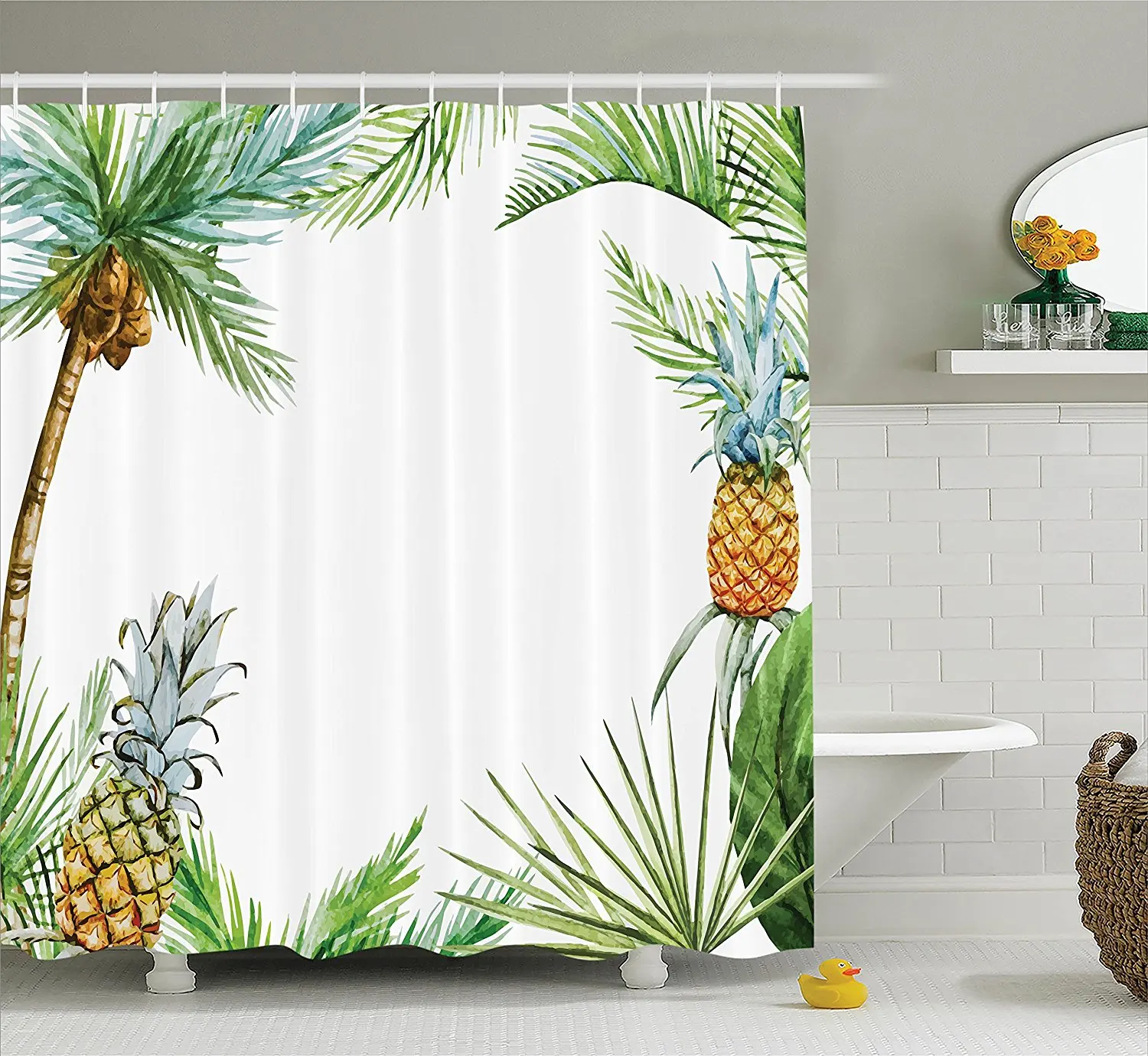 Pineapple Decor Shower Curtain Set Watercolor Tropical Island Style