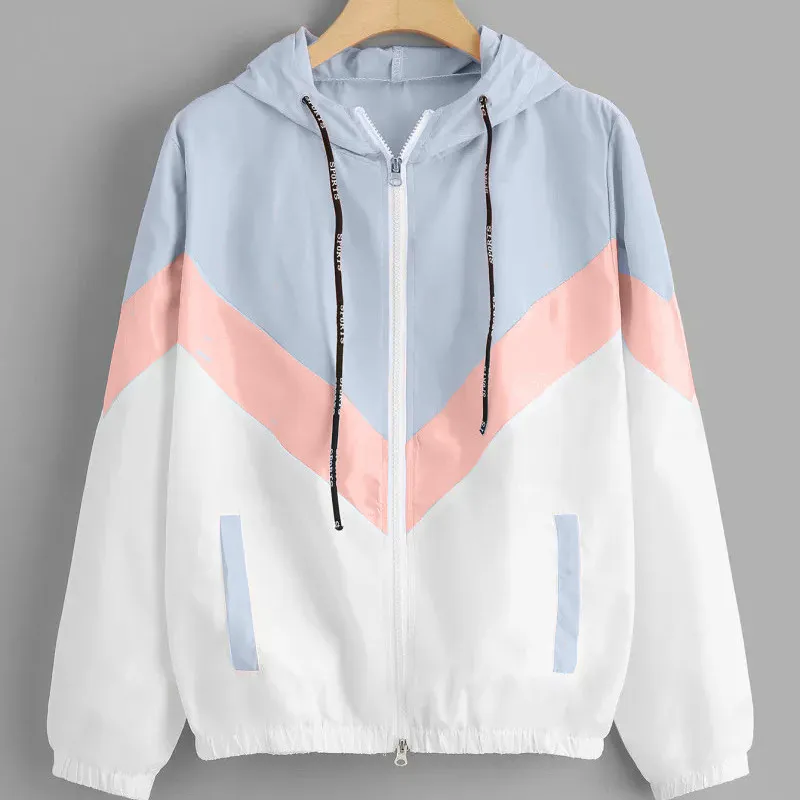 Women Windbreaker Jacket Female Multicolor Patchwork Hooded Jacket ...