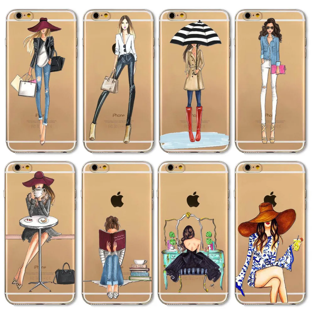 Mobile Phone Case For iPhone 6 6s Plus 6Plus 4 4S 5 5S SE 5C Bag New Modern Dress Shopping Girl Transparent Soft TPU Cover