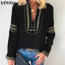 Женские блузки больших размеров 2019 VONDA, Сексуальная Повседневная Блузка с v-образным вырезом и длинными рукавами и принтом и топы, женская