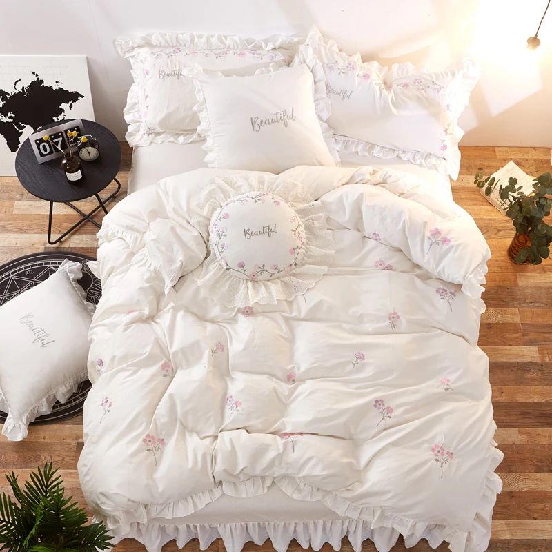 White Pink 100Cotton Korean Bedding Sets Twin Queen King size Kids