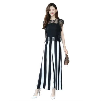

Women Hot Romper Striped Jumpsuit Women's Summer High Waist Thin Lace 2019 New Korean Style Wide Legs Pants Set Female Bodysuit
