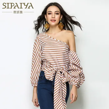 

SIPAIYA 2017 Autumn Runway Sexy One Shoulder Striped Blouse Korean Big Bow Lantern Sleeve Women Tops Slim Skew Collar Blusas