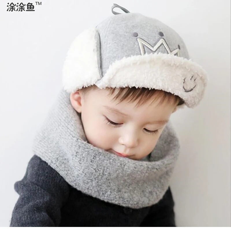 

Crown Baby Warm Hat Plus Velvet Children's Winter Hats Thick Caps Bomber Hat Baby Knitted Bonnet Earflaps