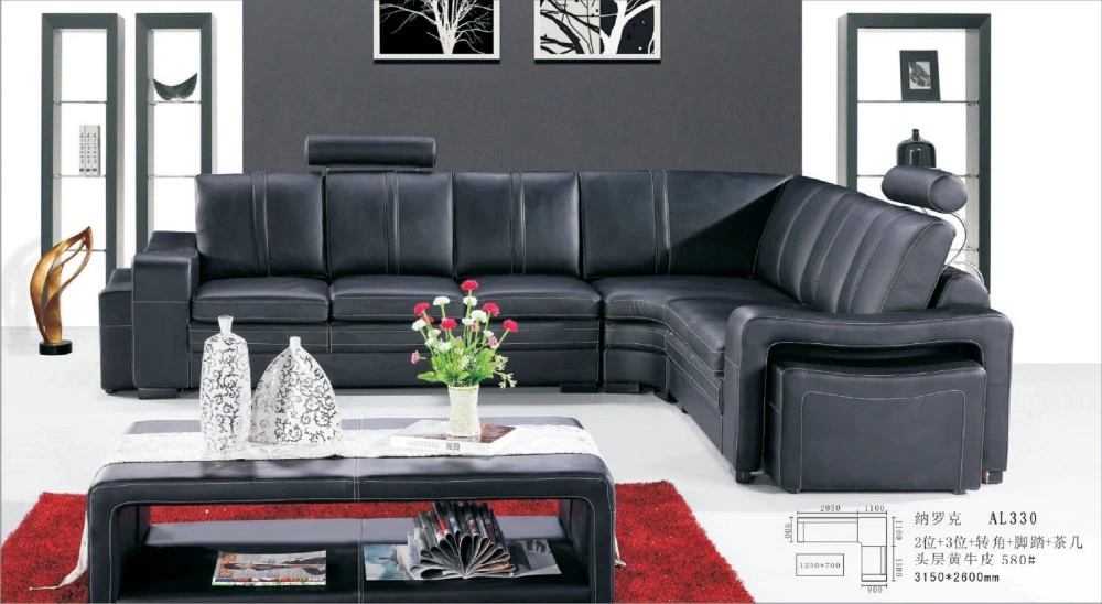 Elegantes último diseño, muebles para sala de estar, conjunto de sofá Seccional de cuero negro 0411 AL330|sectional sofas sets|designer sofa setsofa set -