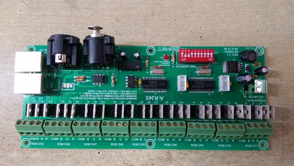 

27 CH(9 groups) constant voltage dmx decoder with RJ45 interface,DC7-24V input; max 15A output