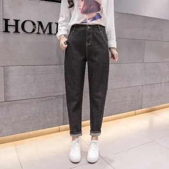 

2019 Fashion Female Boyfriend Jeans For Women Casual Pencil High Waist Jeans Loose Mom Jeans Plus Size Black Denim Straight Pant