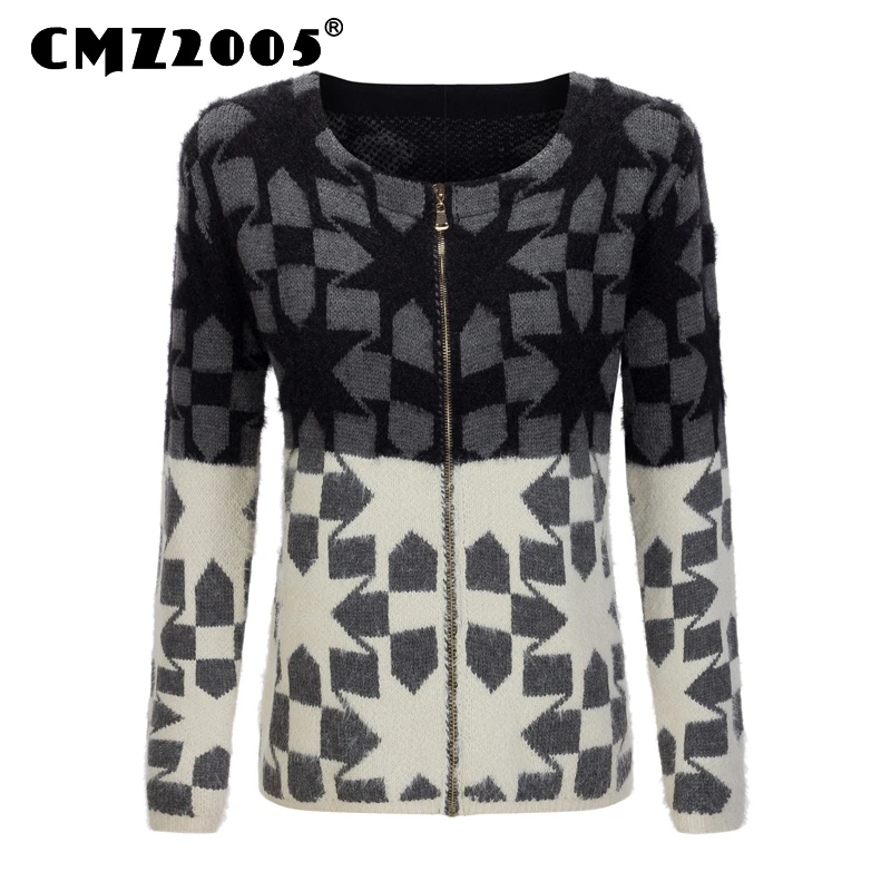 

Hot Sale New Style Women Apparel Long Sleeve Round Neck Zipper Decorate Patchwork Fashion Winter Cardigans Knitted Sweater 18033