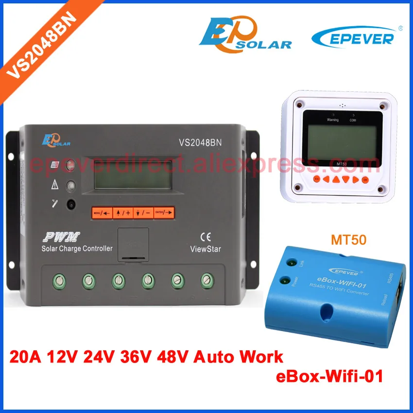 12 В 20A 20amp 12 В 24 в 36 в 48 в автоматический контроллер работы EPEVER EPsolar PWM регулятор солнечного зарядного устройства wifi USB кабель и MT50 VS2048BN - Цвет: with MT50 and wifi