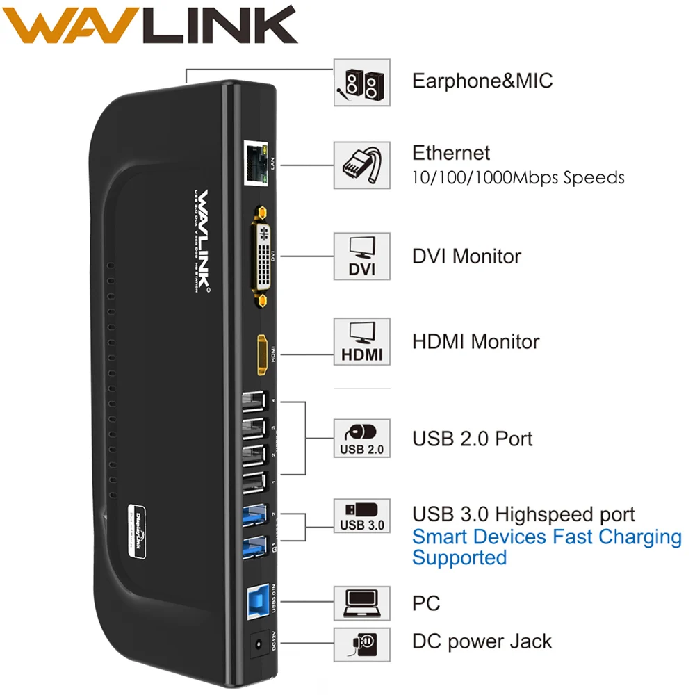 

Wavlink USB 3.0 Universal Dual Display Docking Station Support HDMI / DVI / VGA with 6 USB Ports (2 USB 3.0 + 4 USB 2.0)-Black
