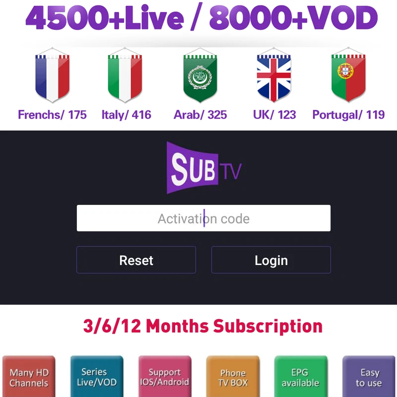 

Portugal French IPTV Europe Arabic Poland Italy Denmark TV Channels Support Android m3u Smart tv Linux E2 One year SUBTV IPTV