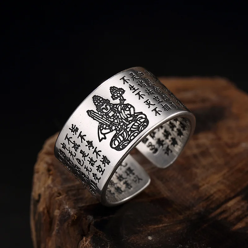 

925 Sterling Silver Antique store Ring Buddhism Ring THAI Vintage Gift Men woman Religion Totem Asia Gautama Buddha texts
