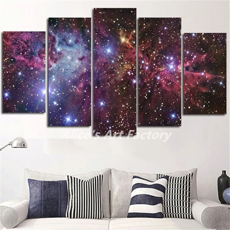Abstract 5 Pieces Purple Galaxy Space Painting Calligraphy Art Picture