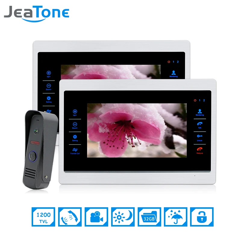 JeaTone 7 inch 1 to 2 Color Video Door Phone Intercom Door Bell Door Speaker Hands-free Touch Button Monitor Waterproof Doorbell