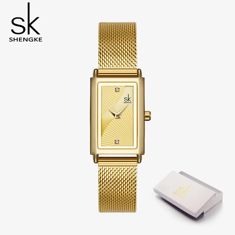 gold with box Shengke, новинка, Топ бренд, роскошные женские часы, Прямоугольный циферблат, элегантные кварцевые Японские Женские наручные часы, водонепроницаемые, подарок, Reloj Mujer - Цвет: gold with box