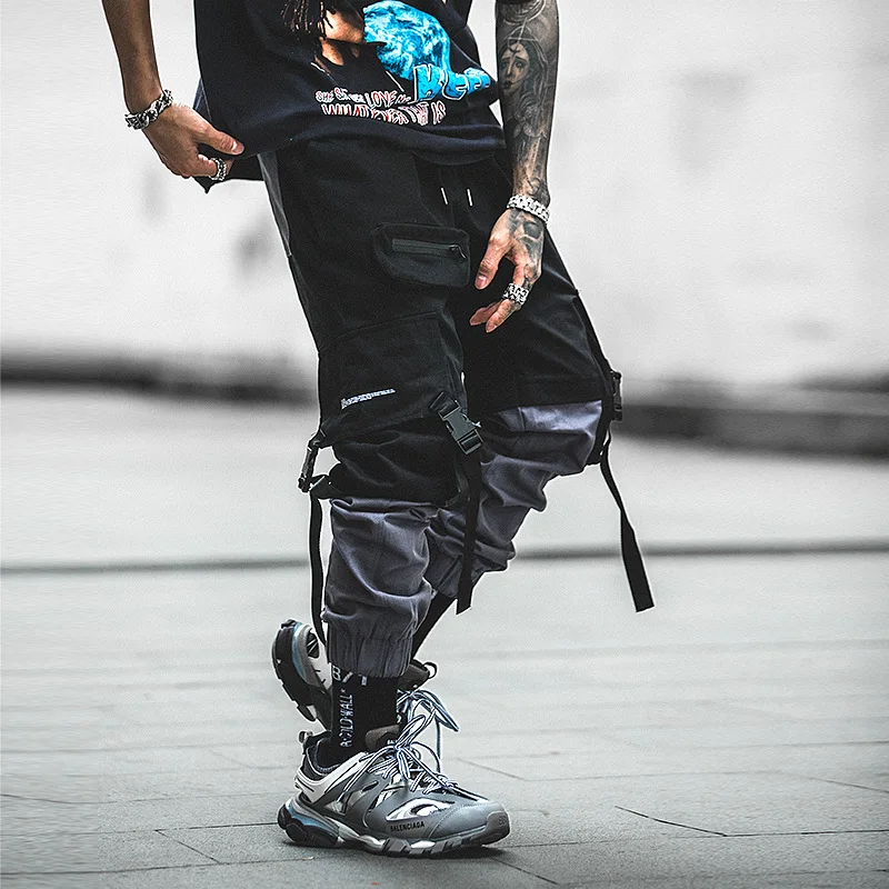 

Patchwork Hip Hop Color Block Men's Casual Pants Multi-pocket Overalls Loose Cargo Harem Pants Male Streetwear