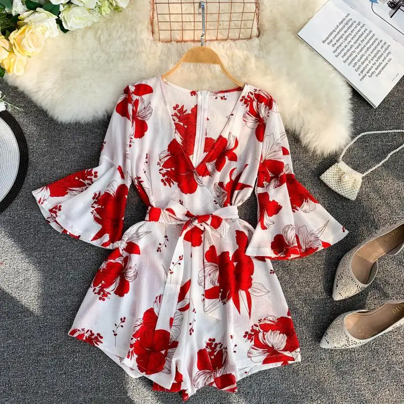 

Fashion New Sexy Floral Print Summer V Neck Bandage Chiffon Short Jumpsuit Casual Women Sashes Playsuit Beach Holiday Tie Romper